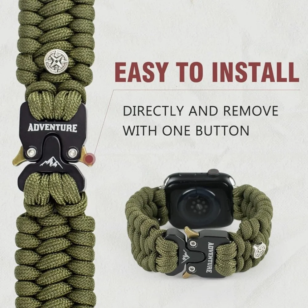 Adventure Paracord Strap for Apple Watch Series 7 6 5 4 3 Green Army